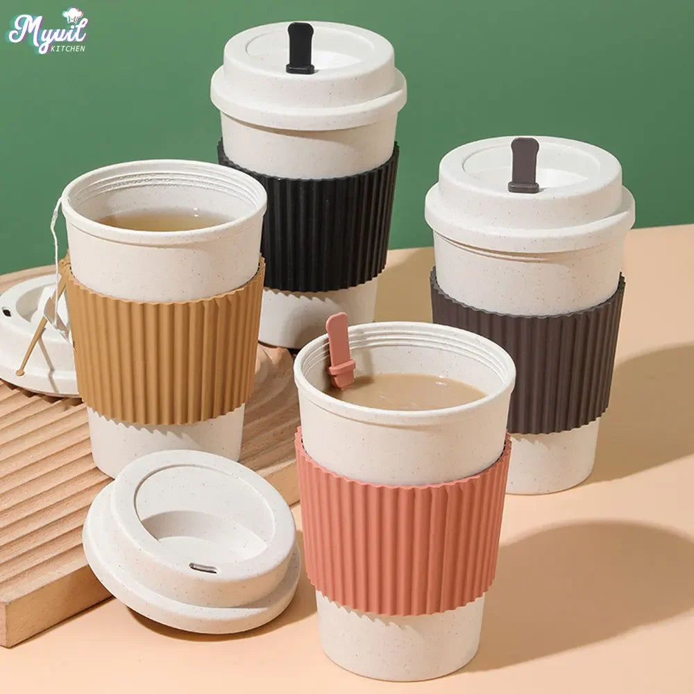 Eco-Friendly 450ML Wheat Straw Coffee Cups with Lids